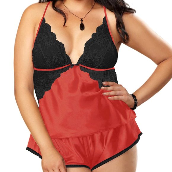 Red Black Plus Size Satin Camisole Set - Picture 1 of 5